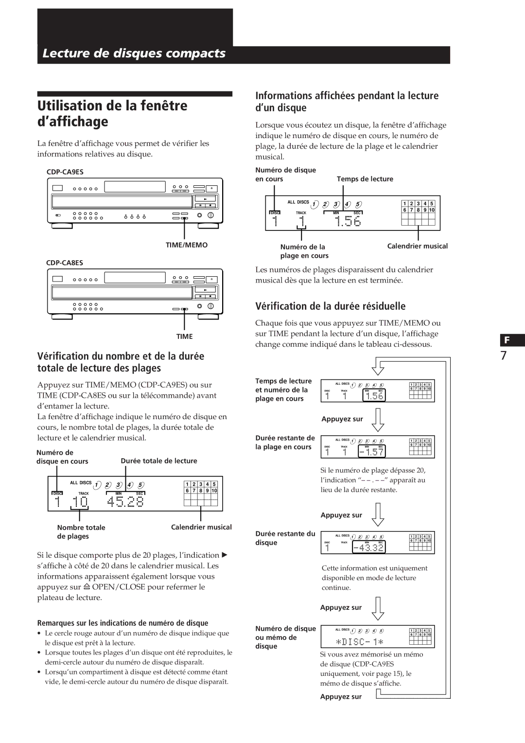 Sony CDP-CA8ES manual Utilisation de la fenêtre d’affichage, Informations affichées pendant la lecture d’un disque 