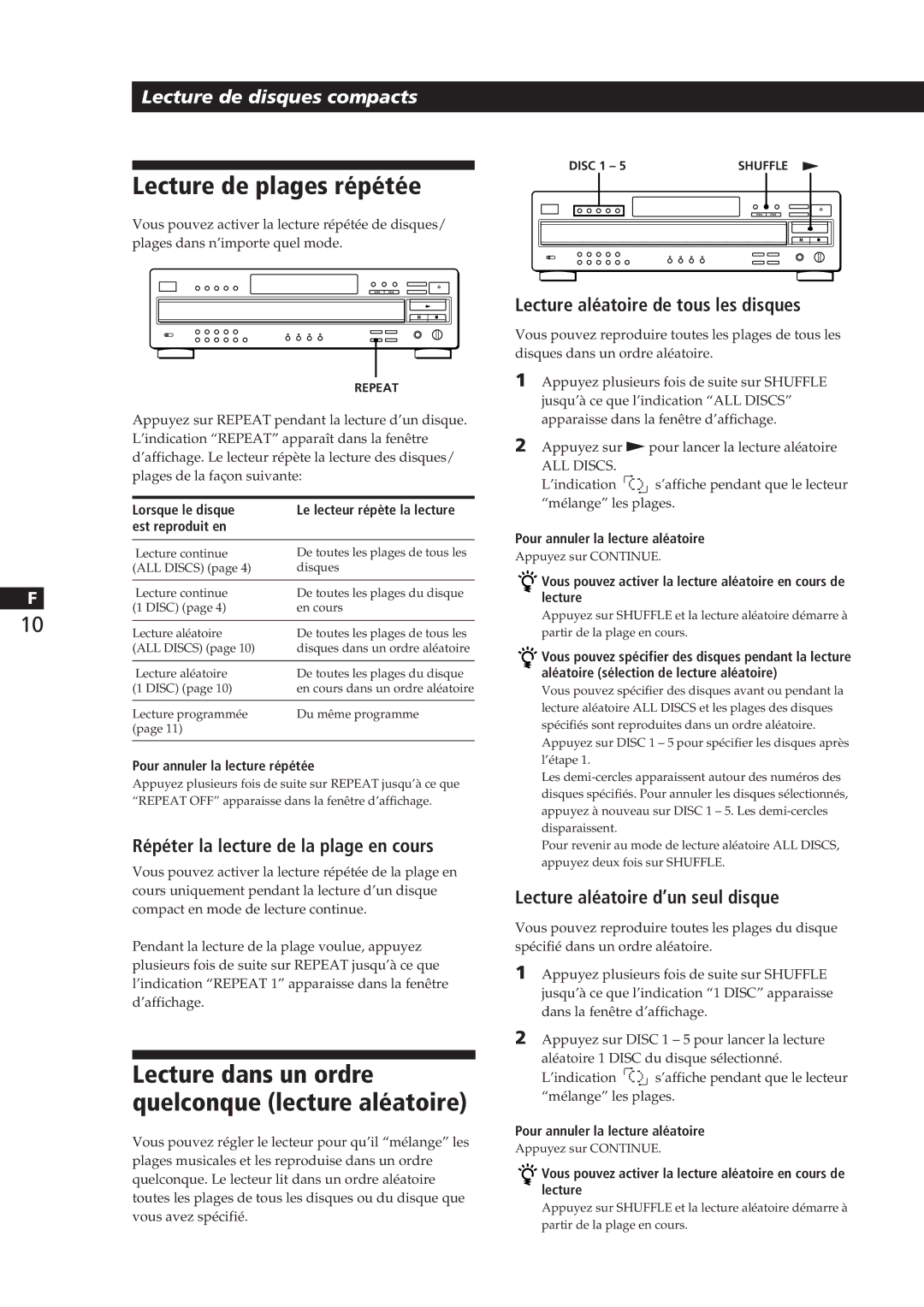 Sony CDP-CA8ES manual Lecture de plages répétée, Lecture dans un ordre quelconque lecture aléatoire 