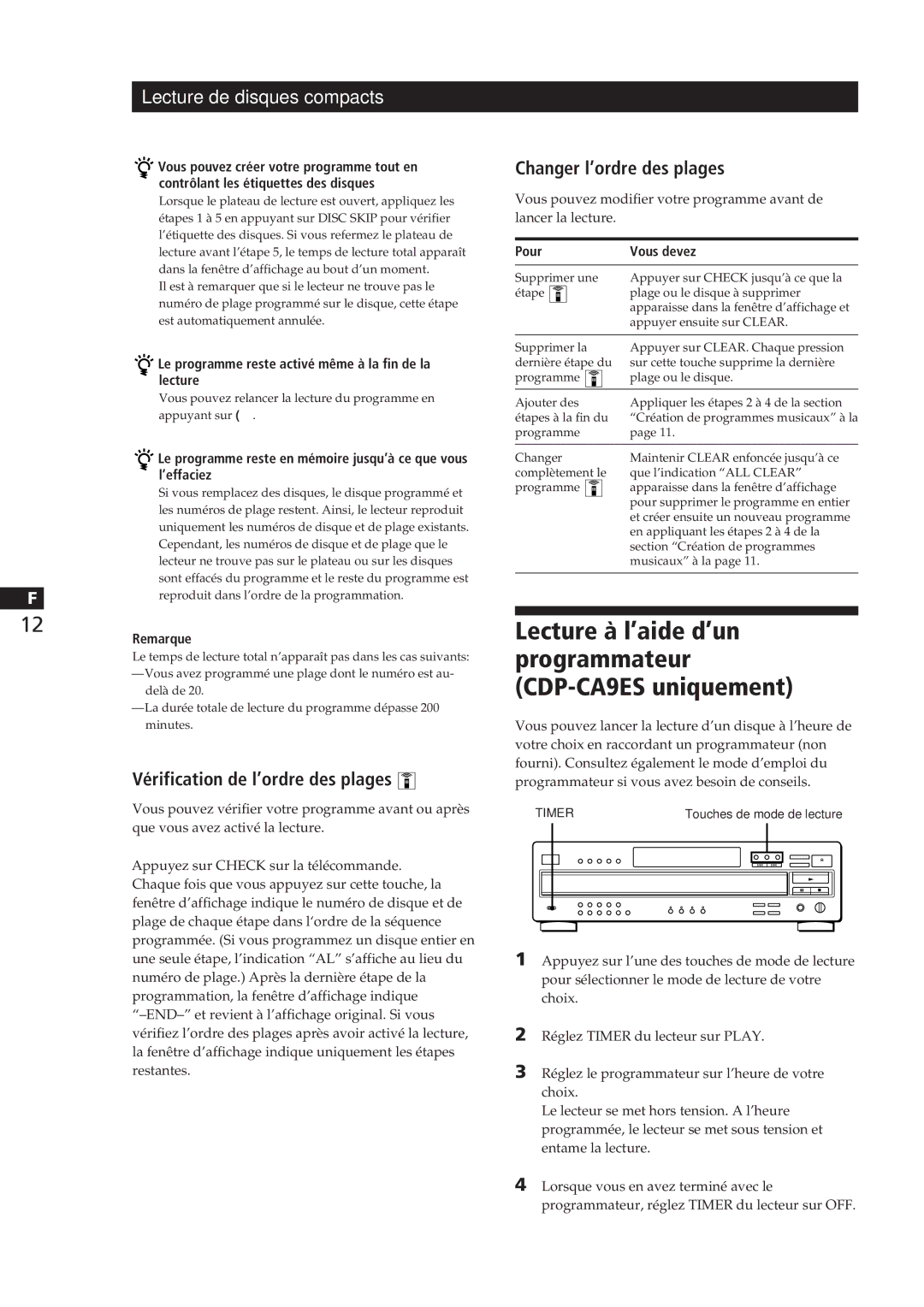 Sony CDP-CA8ES manual Lecture à l’aide d’un programmateur CDP-CA9ES uniquement, Vérification de l’ordre des plages 