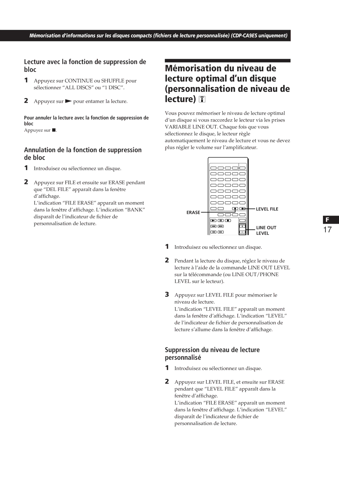 Sony CDP-CA8ES manual Lecture avec la fonction de suppression de bloc, Annulation de la fonction de suppression de bloc 