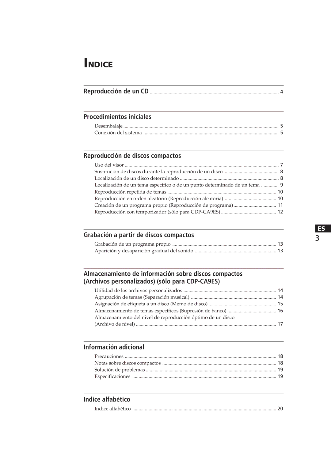 Sony CDP-CA8ES manual Procedimientos iniciales, Reproducción de discos compactos, Grabación a partir de discos compactos 