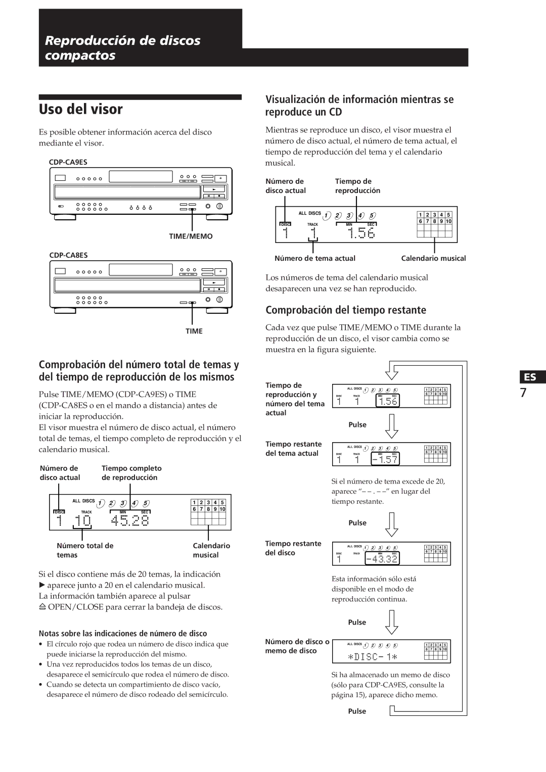 Sony CDP-CA8ES Uso del visor, Visualización de información mientras se reproduce un CD, Comprobación del tiempo restante 