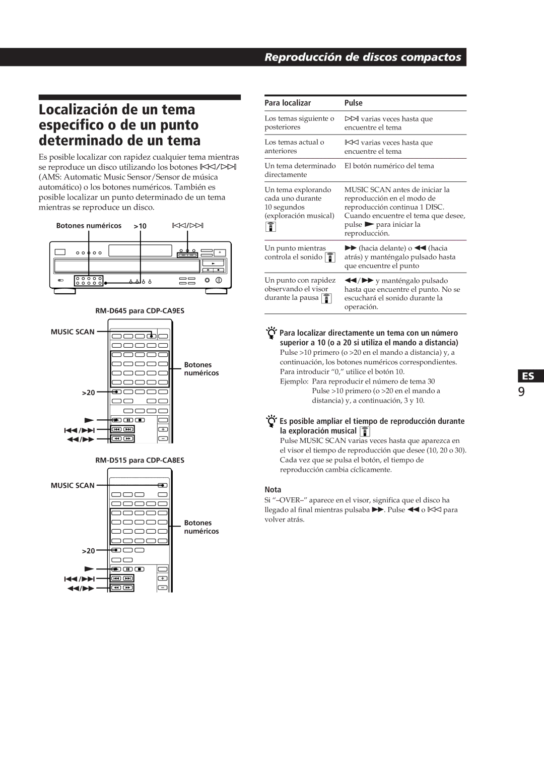 Sony CDP-CA8ES manual Nota, Botones numéricos RM-D645 para CDP-CA9ES 