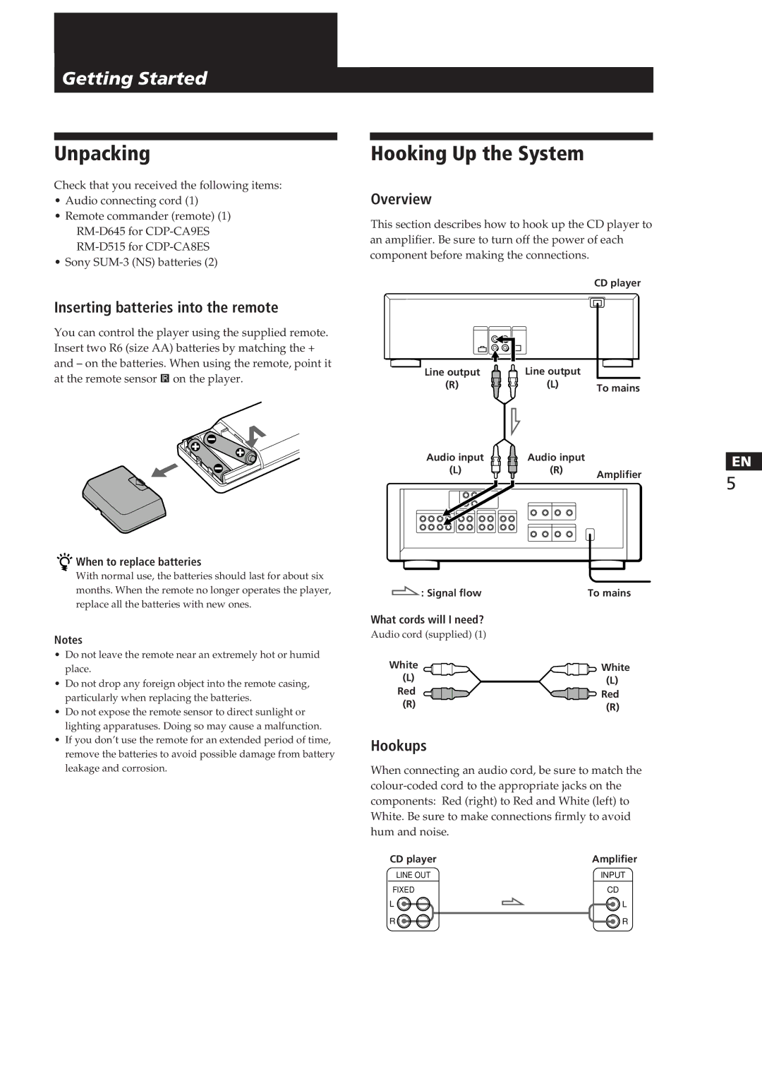 Sony CDP-CA8ES manual Unpacking, Hooking Up the System, Inserting batteries into the remote, Overview, Hookups 