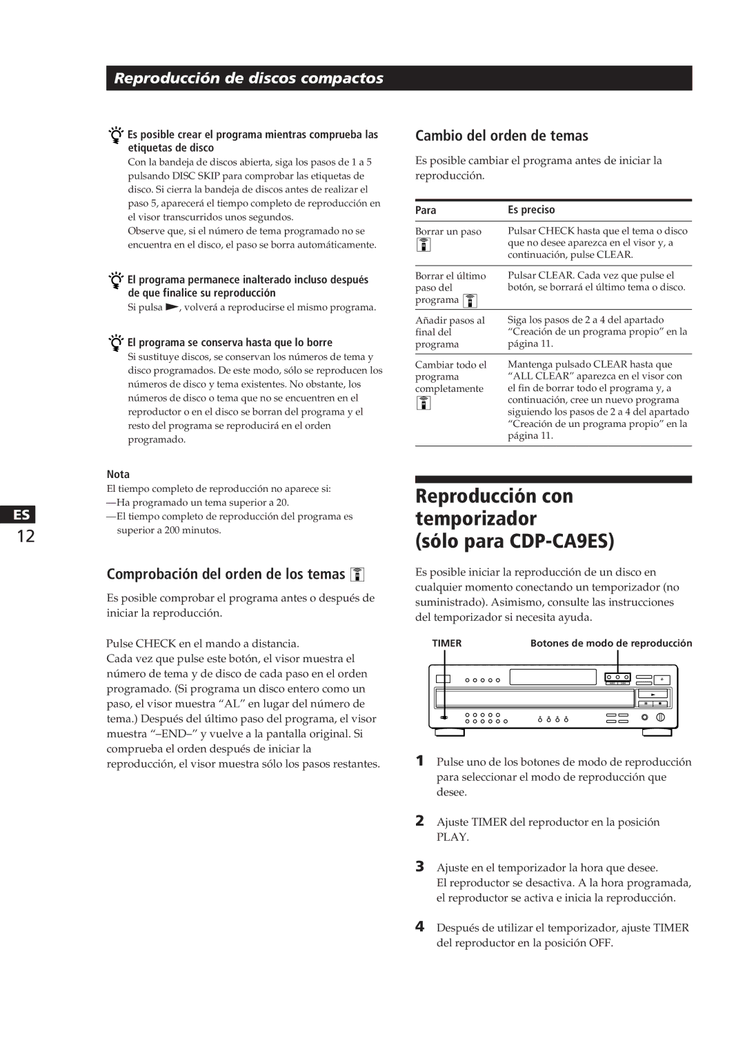 Sony CDP-CA8ES manual Sólo para CDP-CA9ES, Reproducción con temporizador, Cambio del orden de temas 