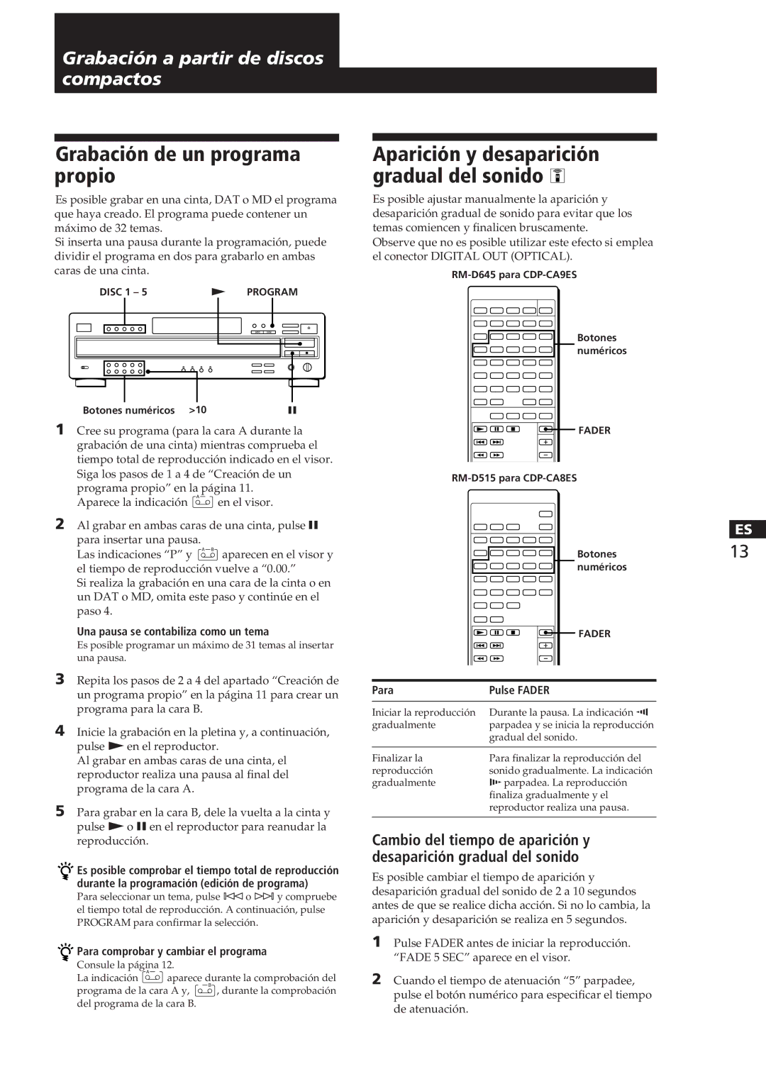 Sony CDP-CA8ES manual Grabación de un programa propio, Aparición y desaparición gradual del sonido, Para Pulse Fader 