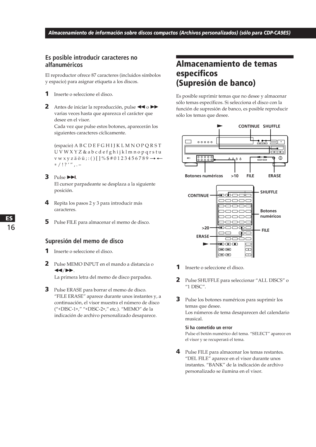 Sony CDP-CA8ES Almacenamiento de temas específicos Supresión de banco, Es posible introducir caracteres no alfanuméricos 