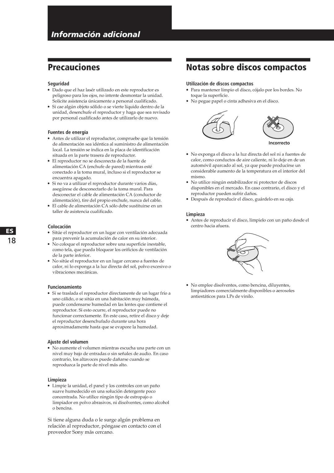 Sony CDP-CA8ES manual Precauciones, Notas sobre discos compactos 