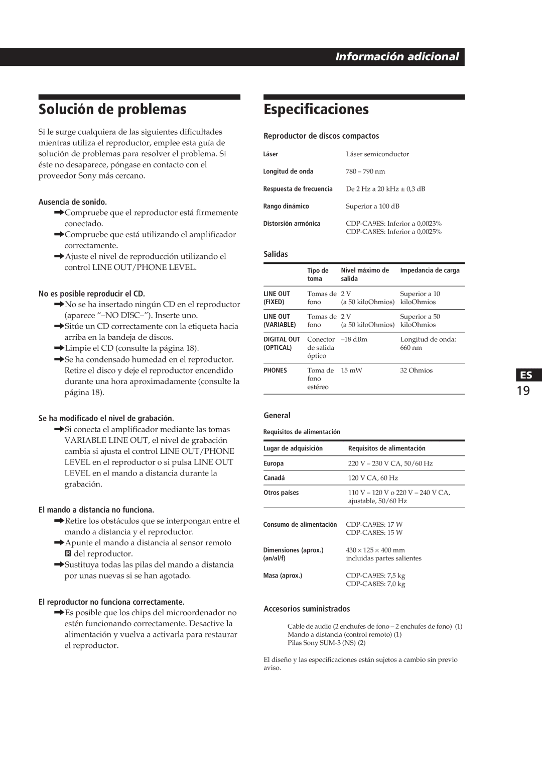 Sony CDP-CA8ES manual Solución de problemas, Especificaciones 