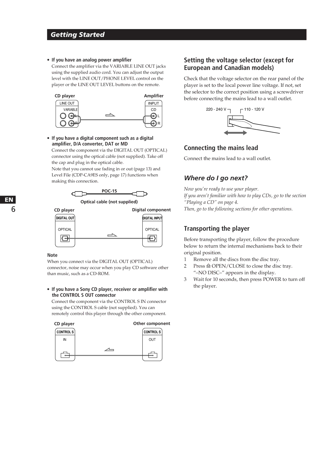 Sony CDP-CA8ES manual Connecting the mains lead, Transporting the player, If you have an analog power amplifier 