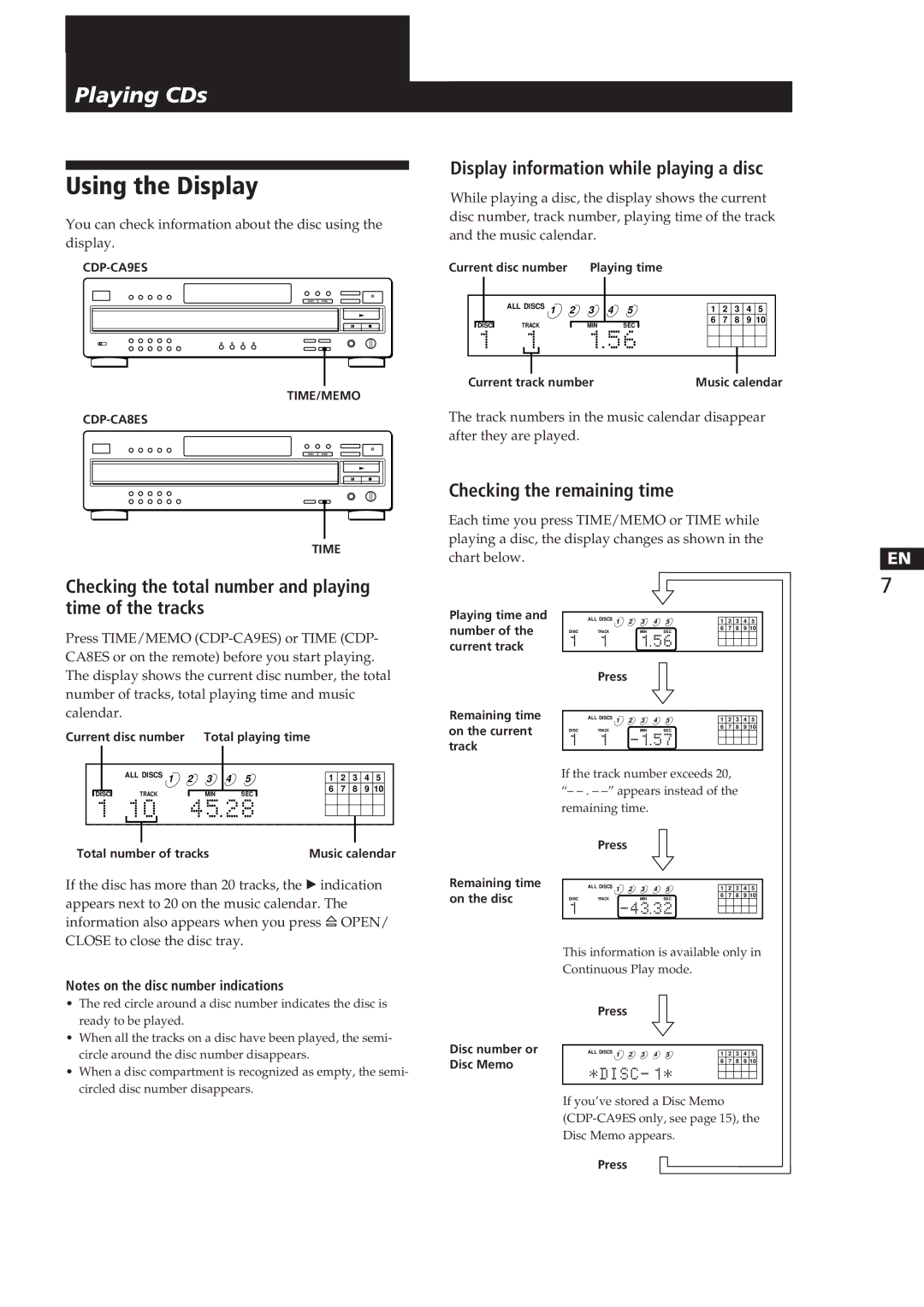 Sony CDP-CA8ES Using the Display, Checking the total number and playing time of the tracks, Checking the remaining time 