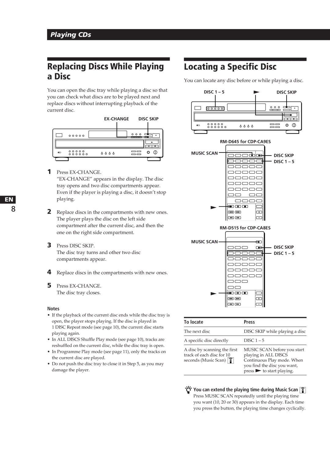 Sony CDP-CA8ES manual Replacing Discs While Playing a Disc, Locating a Specific Disc, To locate Press 