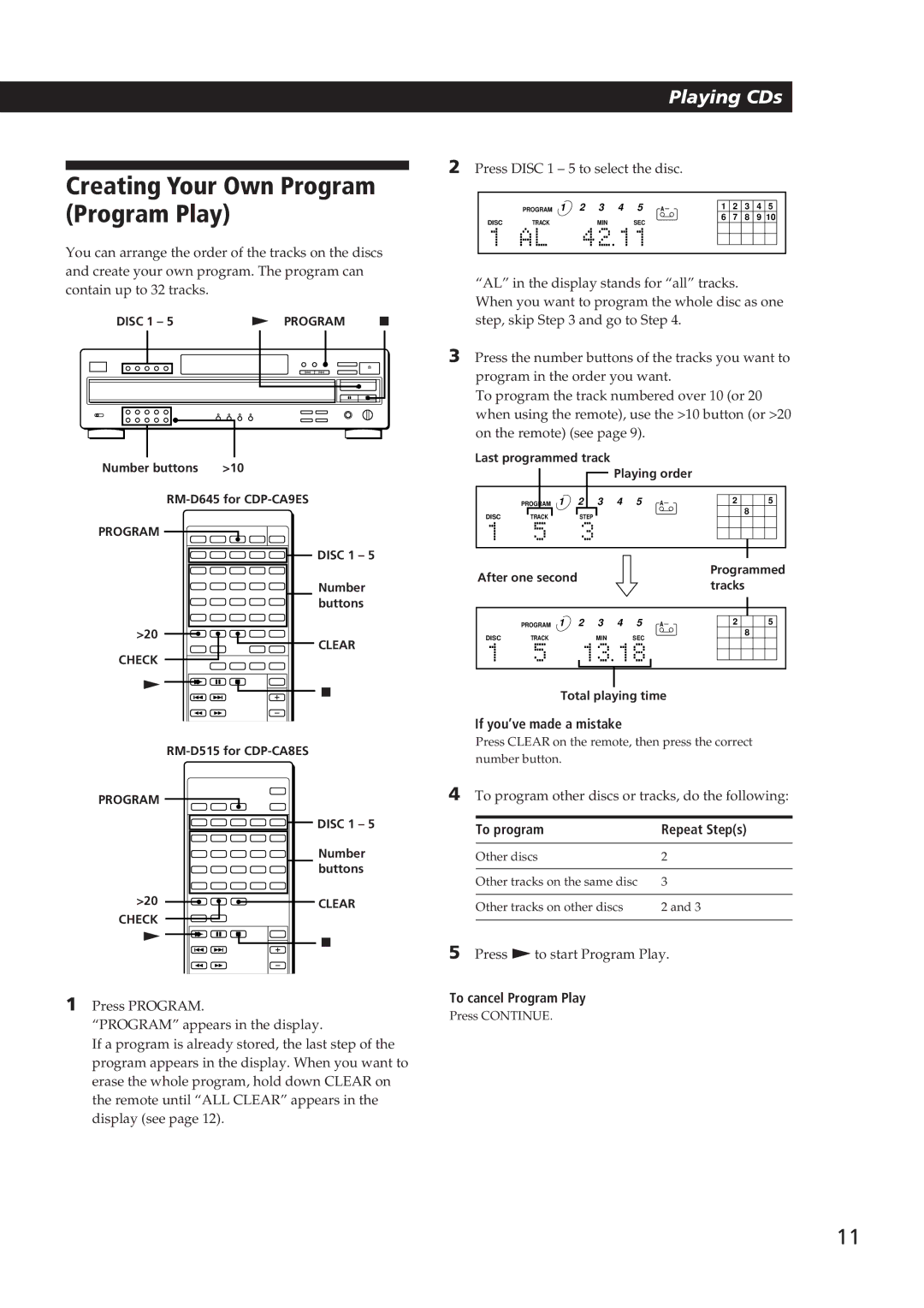 Sony CDP-CA9ES Creating Your Own Program Program Play, If you’ve made a mistake, To program Repeat Steps 