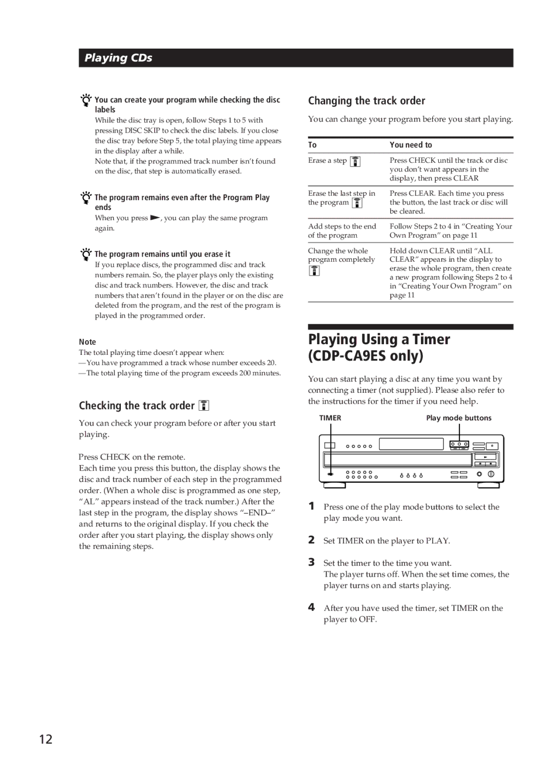 Sony CDP-CA9ES operating instructions Checking the track order, Changing the track order 