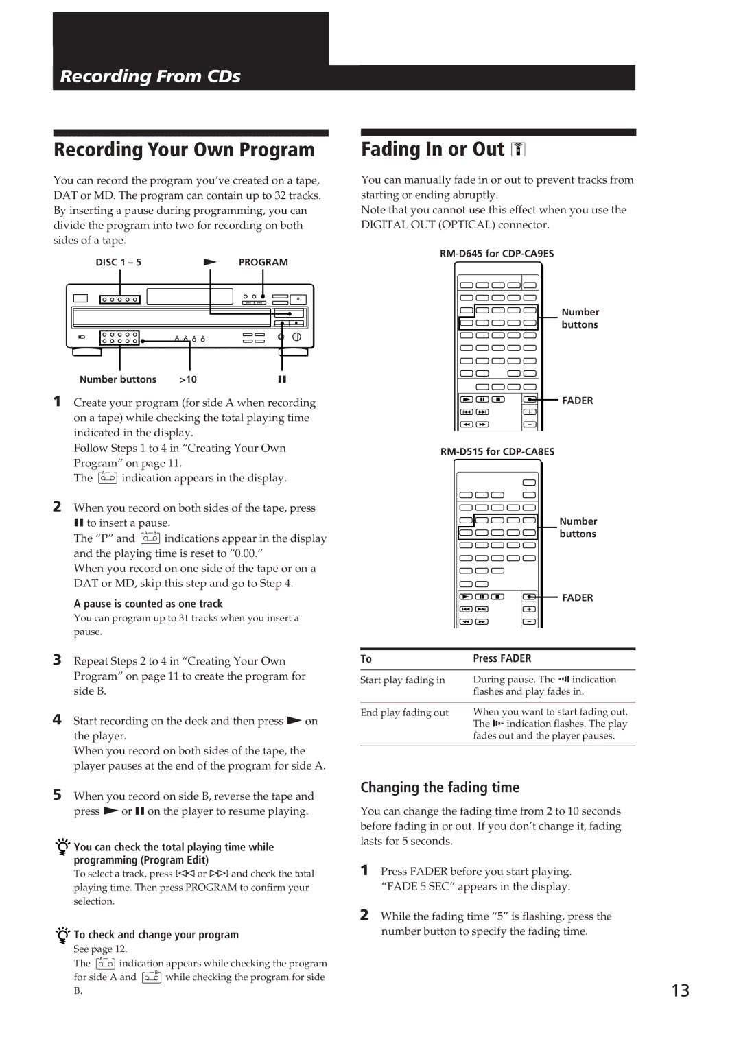 Sony CDP-CA9ES operating instructions Recording Your Own Program, Fading In or Out, Changing the fading time 