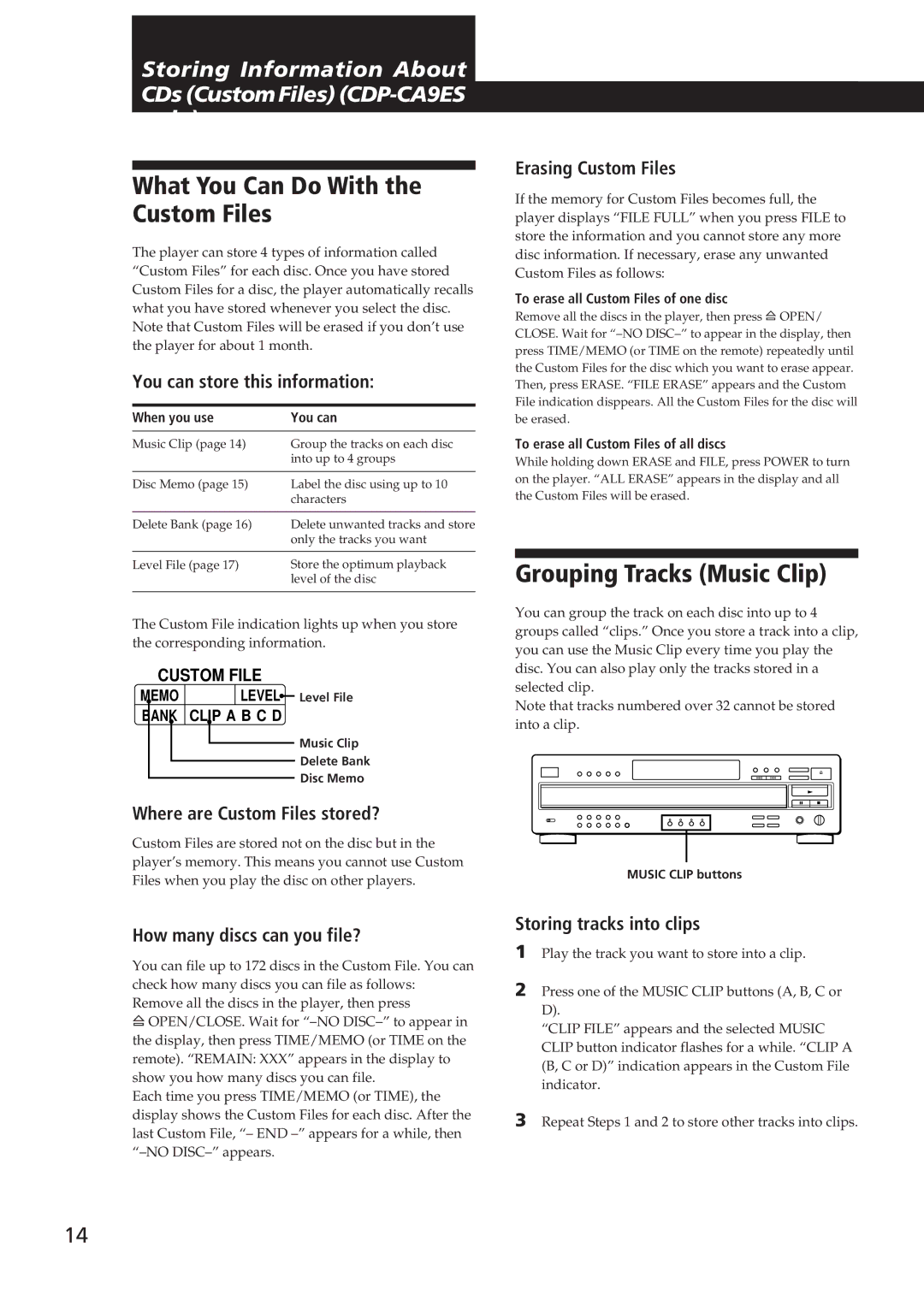 Sony CDP-CA9ES operating instructions What You Can Do With the Custom Files, Grouping Tracks Music Clip 