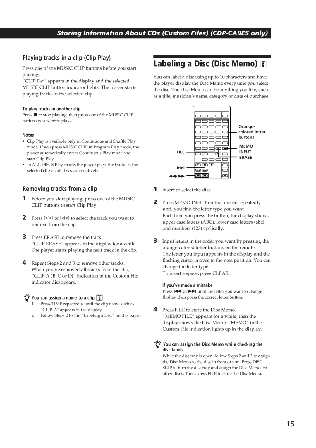 Sony CDP-CA9ES Labeling a Disc Disc Memo, Playing tracks in a clip Clip Play, Removing tracks from a clip 