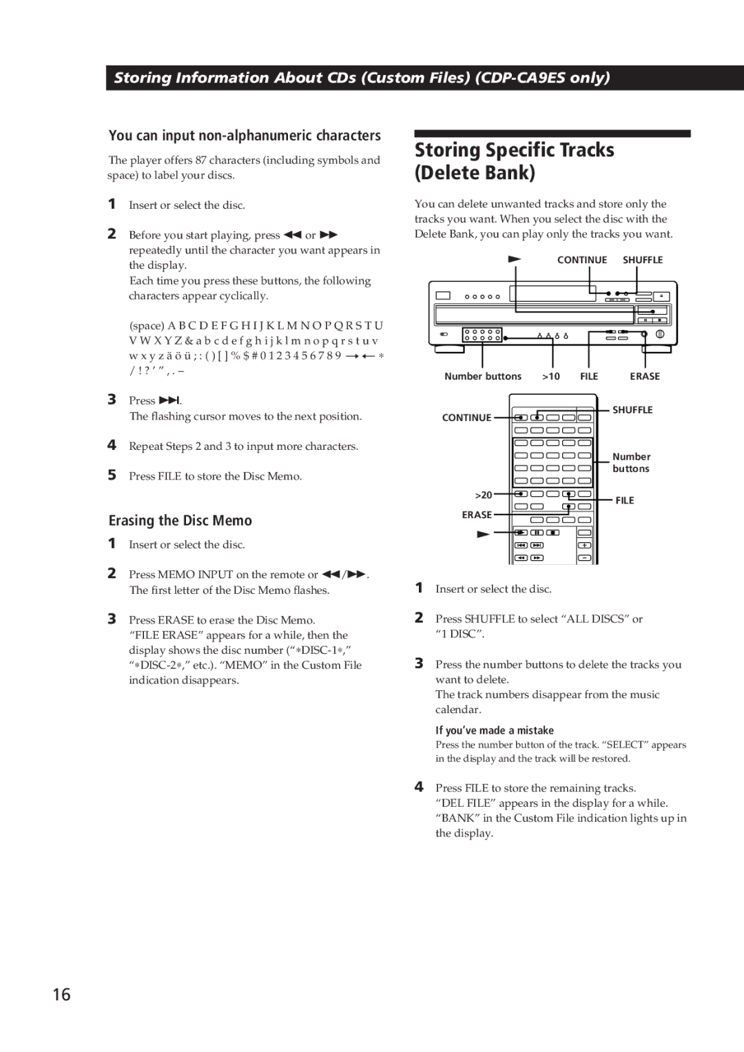 Sony CDP-CA9ES operating instructions Storing Specific Tracks Delete Bank, Erasing the Disc Memo 