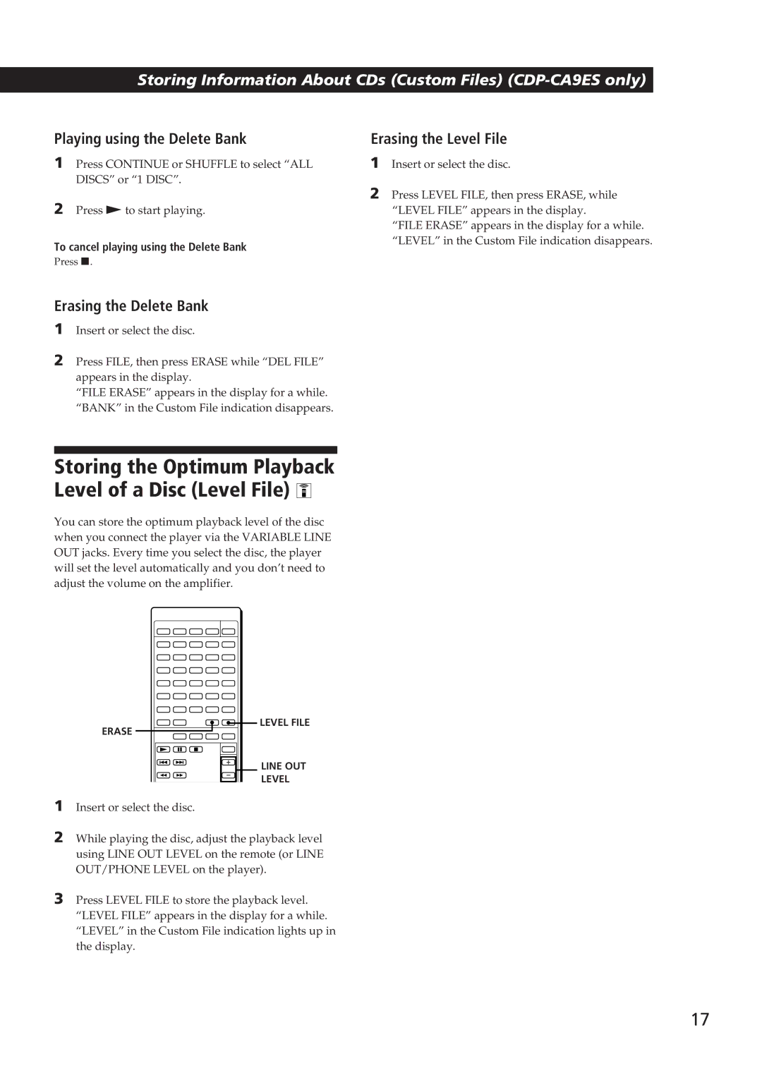 Sony CDP-CA9ES operating instructions Playing using the Delete Bank, Erasing the Delete Bank, Erasing the Level File 