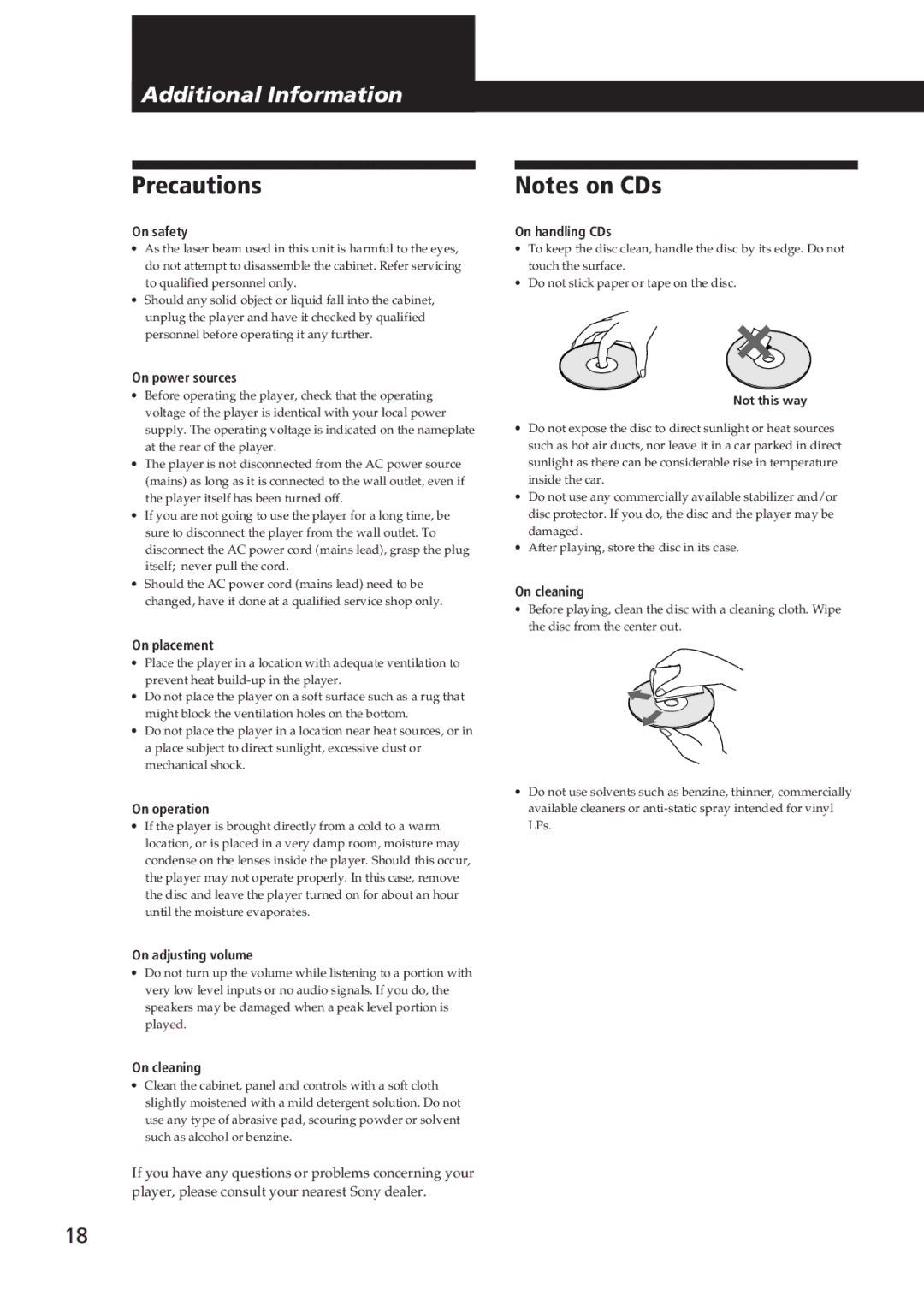 Sony CDP-CA9ES operating instructions Precautions 