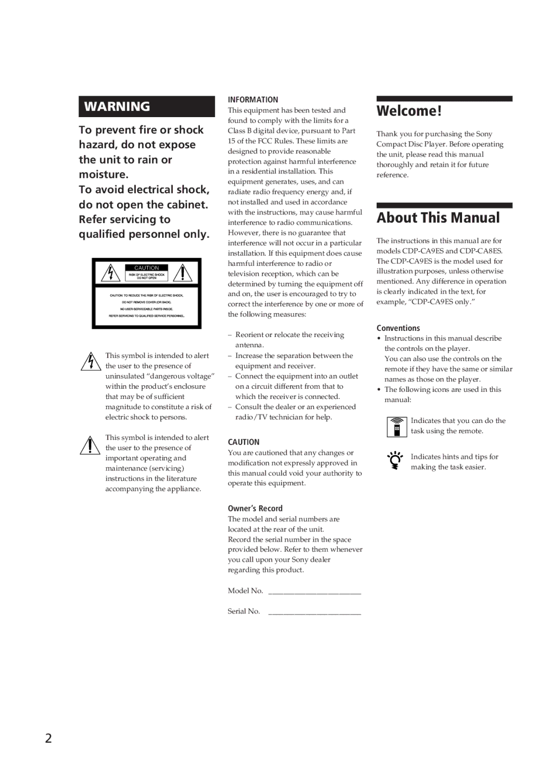 Sony CDP-CA9ES operating instructions Welcome, About This Manual, Owner’s Record, Conventions 