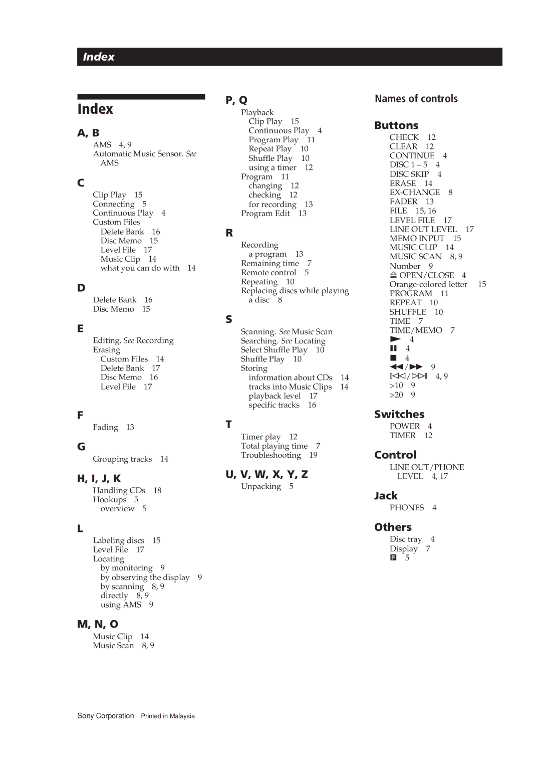 Sony CDP-CA9ES operating instructions Index 