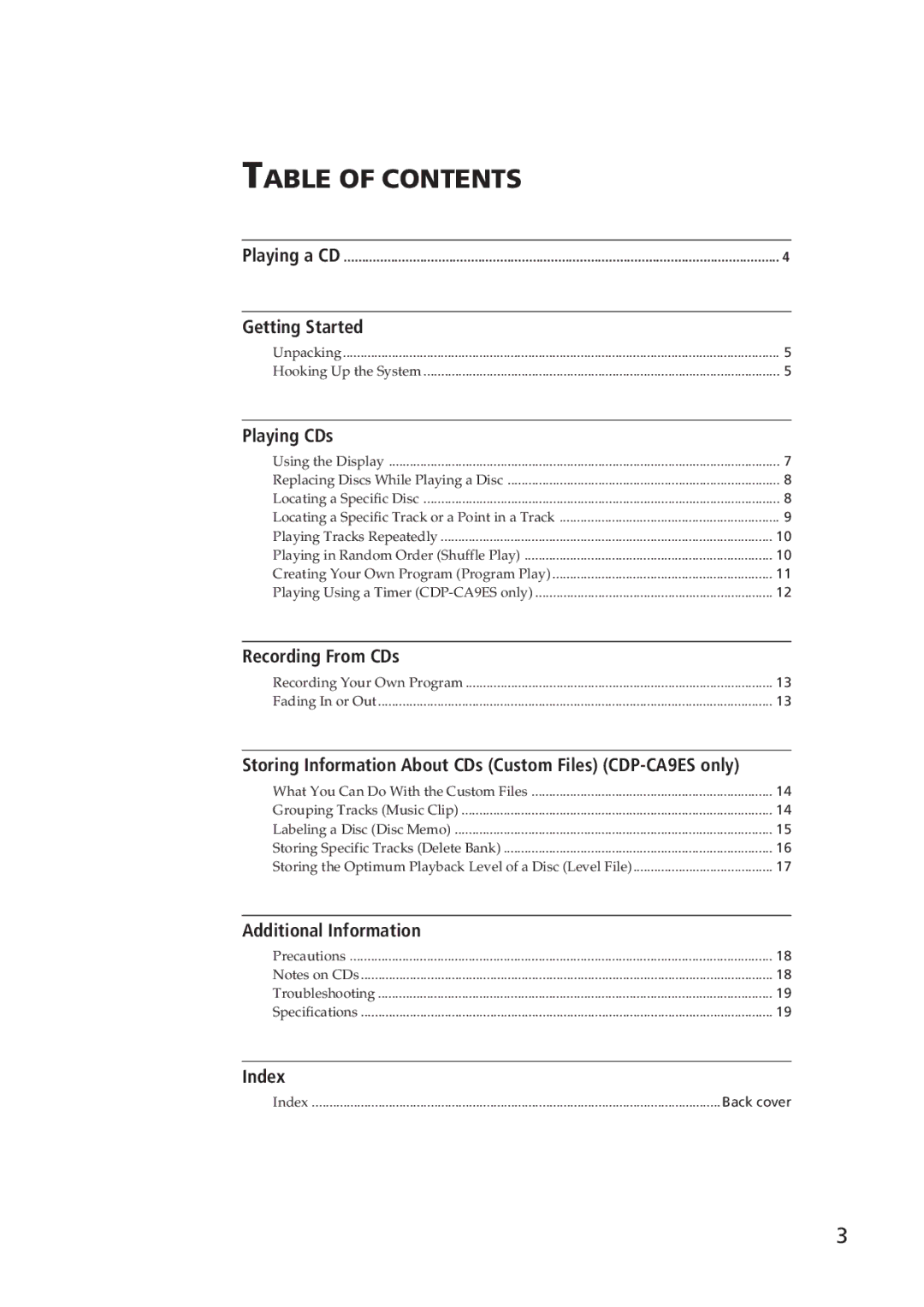 Sony CDP-CA9ES operating instructions Table of Contents 