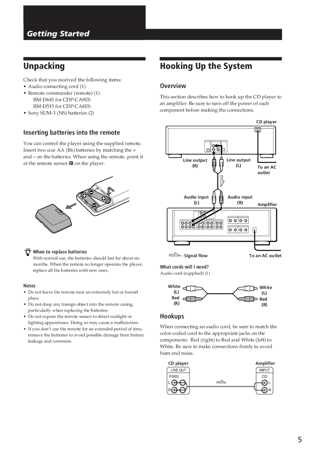 Sony CDP-CA9ES Unpacking, Hooking Up the System, Inserting batteries into the remote, Overview, Hookups 