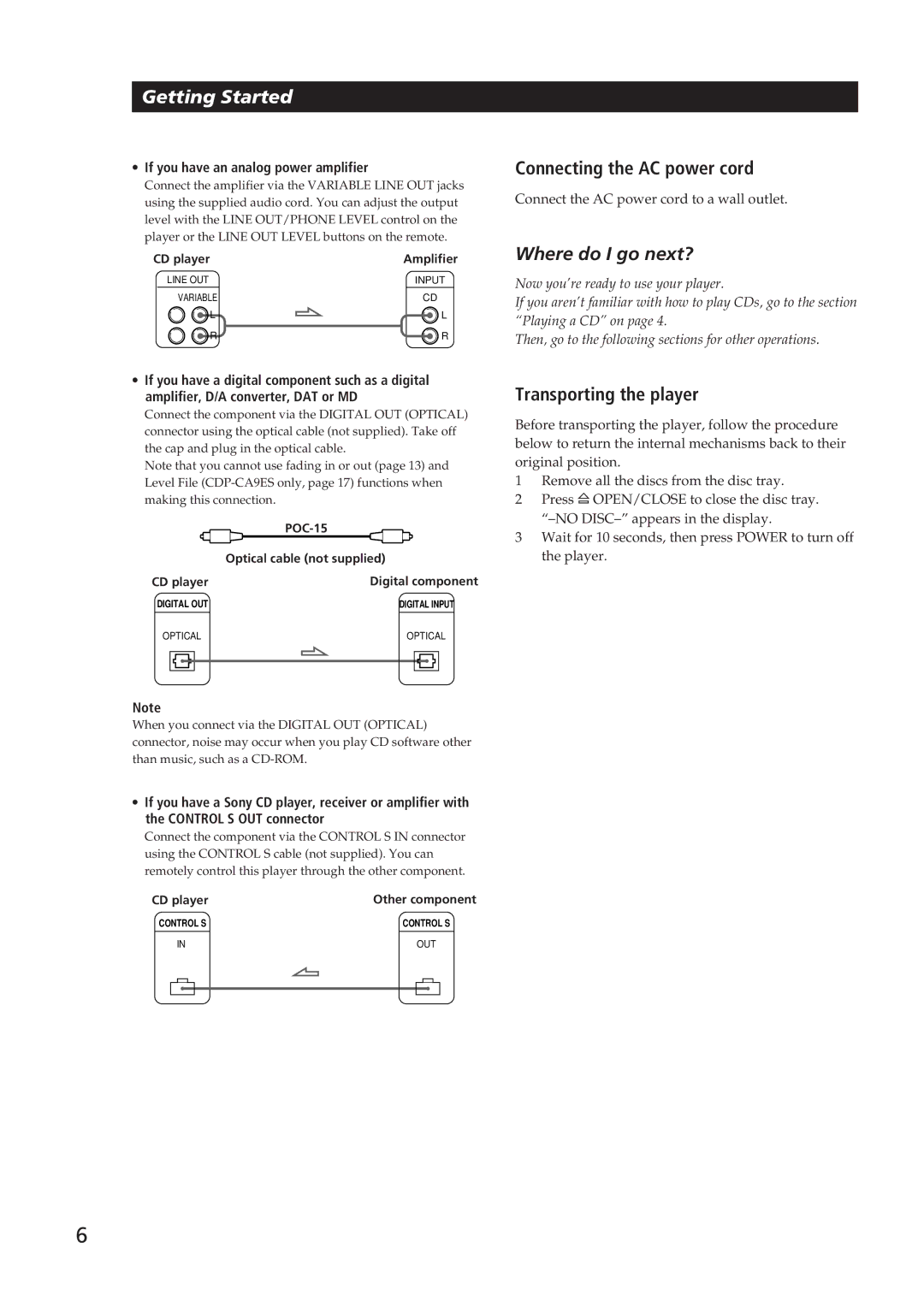 Sony CDP-CA9ES Connecting the AC power cord, Transporting the player, If you have an analog power amplifier 