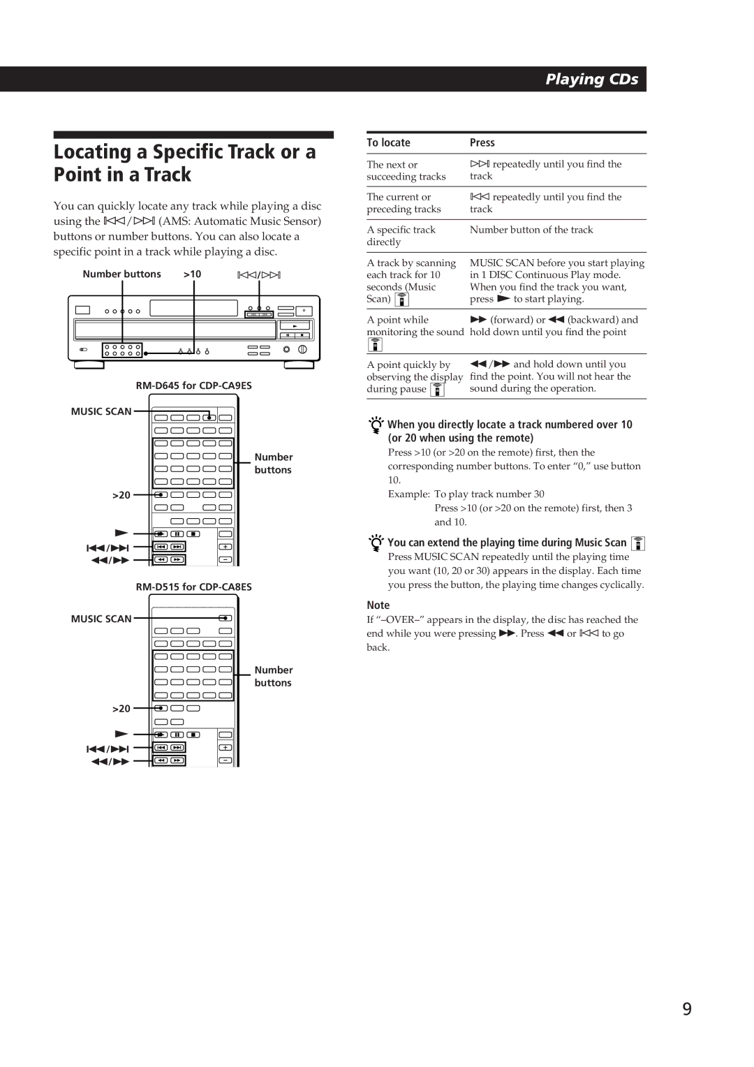 Sony CDP-CA9ES operating instructions Locating a Specific Track or a Point in a Track 