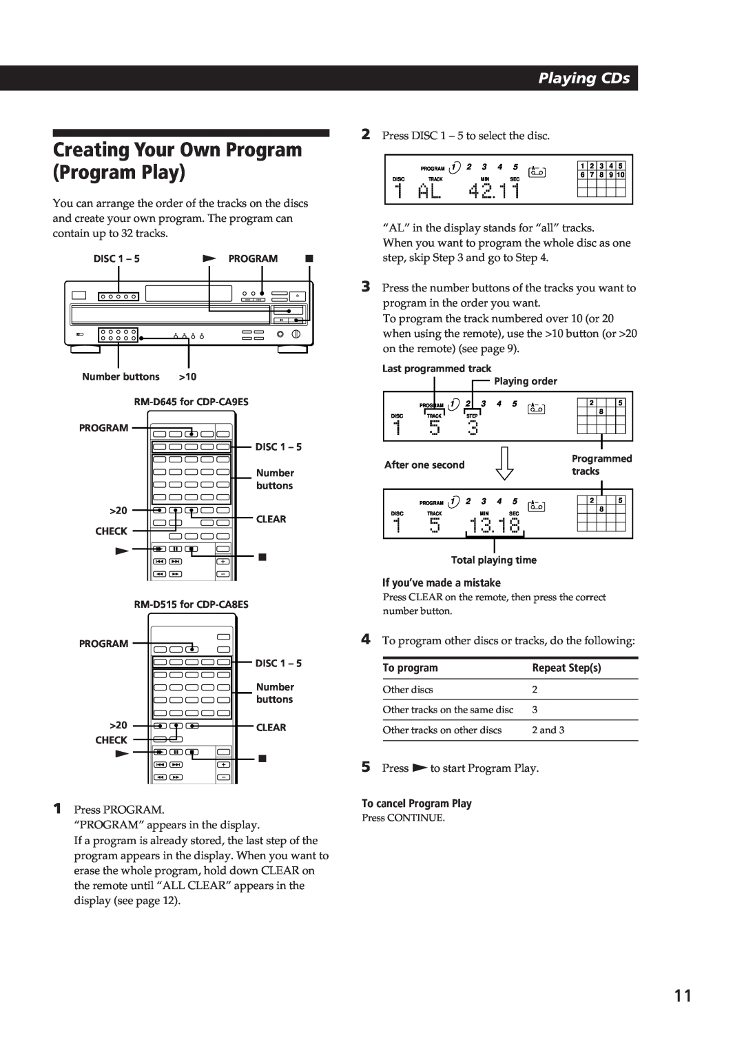 Sony CDP-CA9ES Creating Your Own Program Program Play, If you’ve made a mistake, To program, Repeat Steps, Playing CDs 