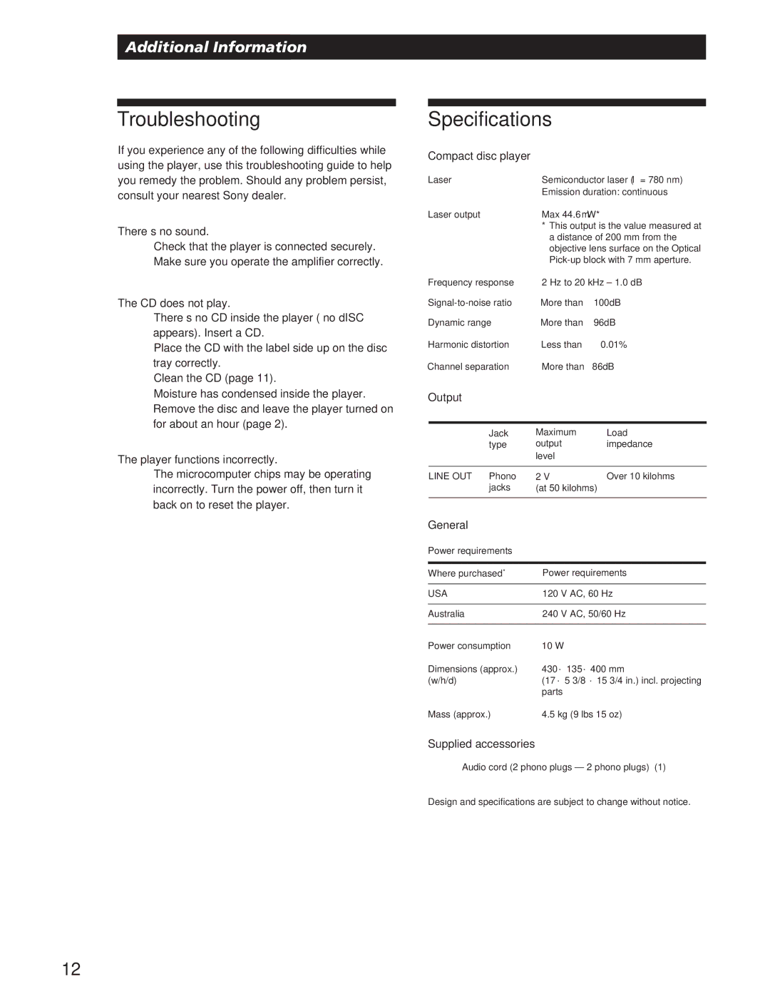 Sony CDP-CE105 manual Troubleshooting, Specifications 