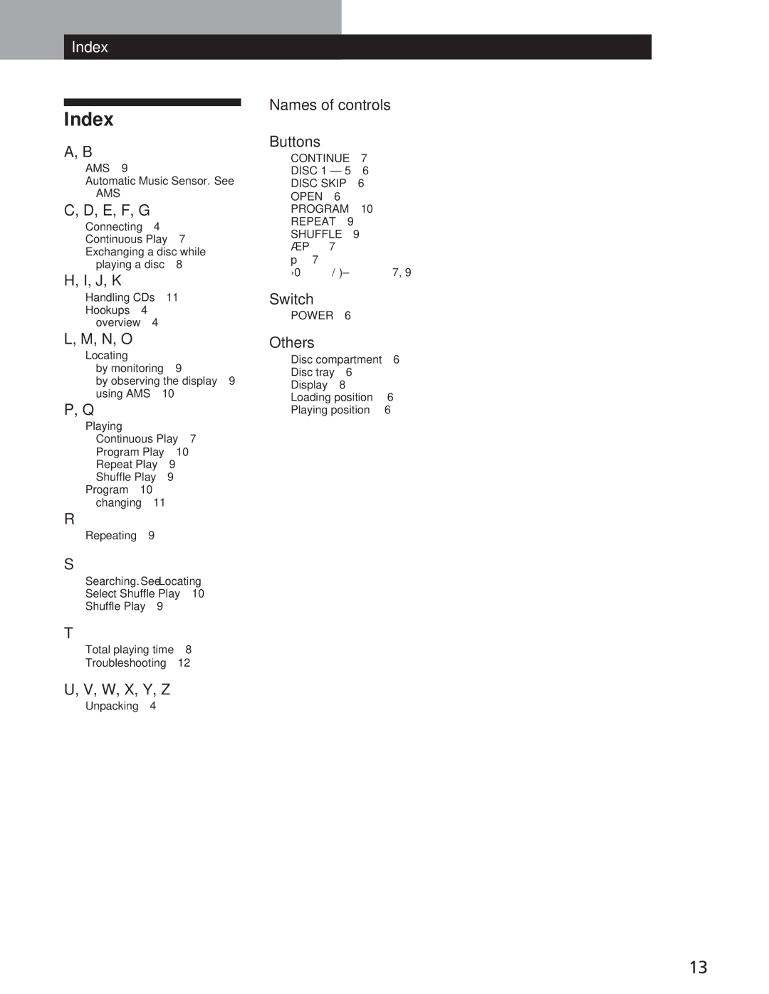 Sony CDP-CE105 manual Index 