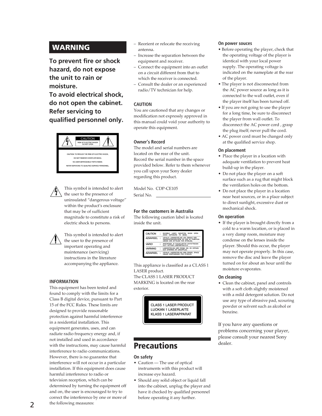 Sony CDP-CE105 manual Precautions 