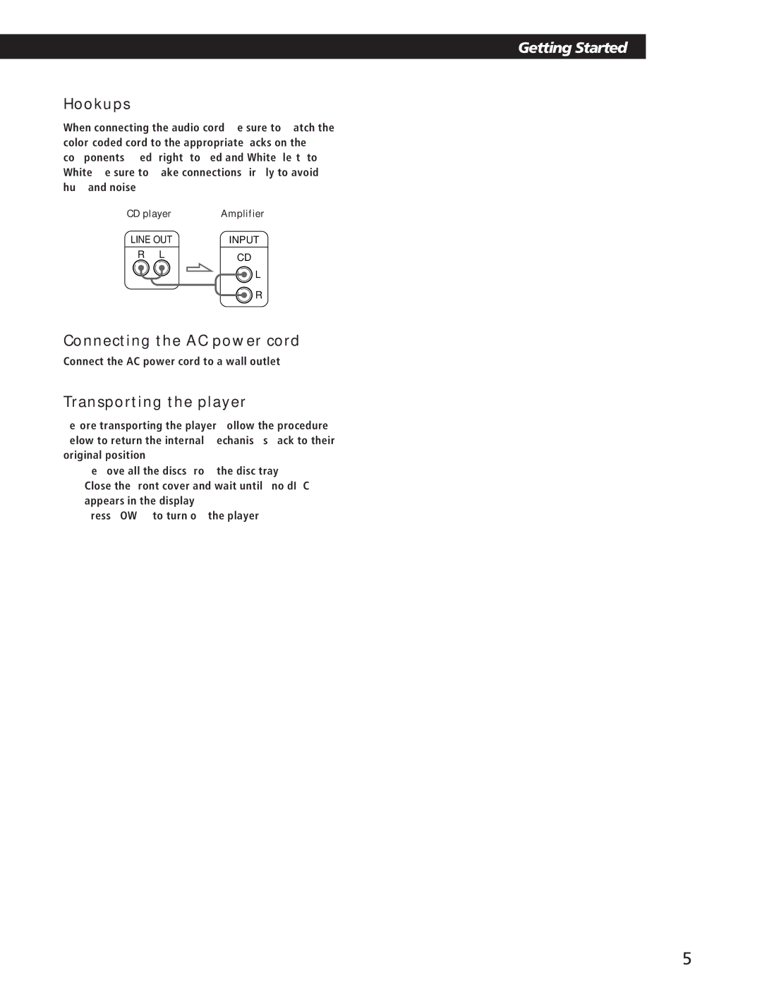 Sony CDP-CE105 manual Hookups, Connecting the AC power cord, Transporting the player 