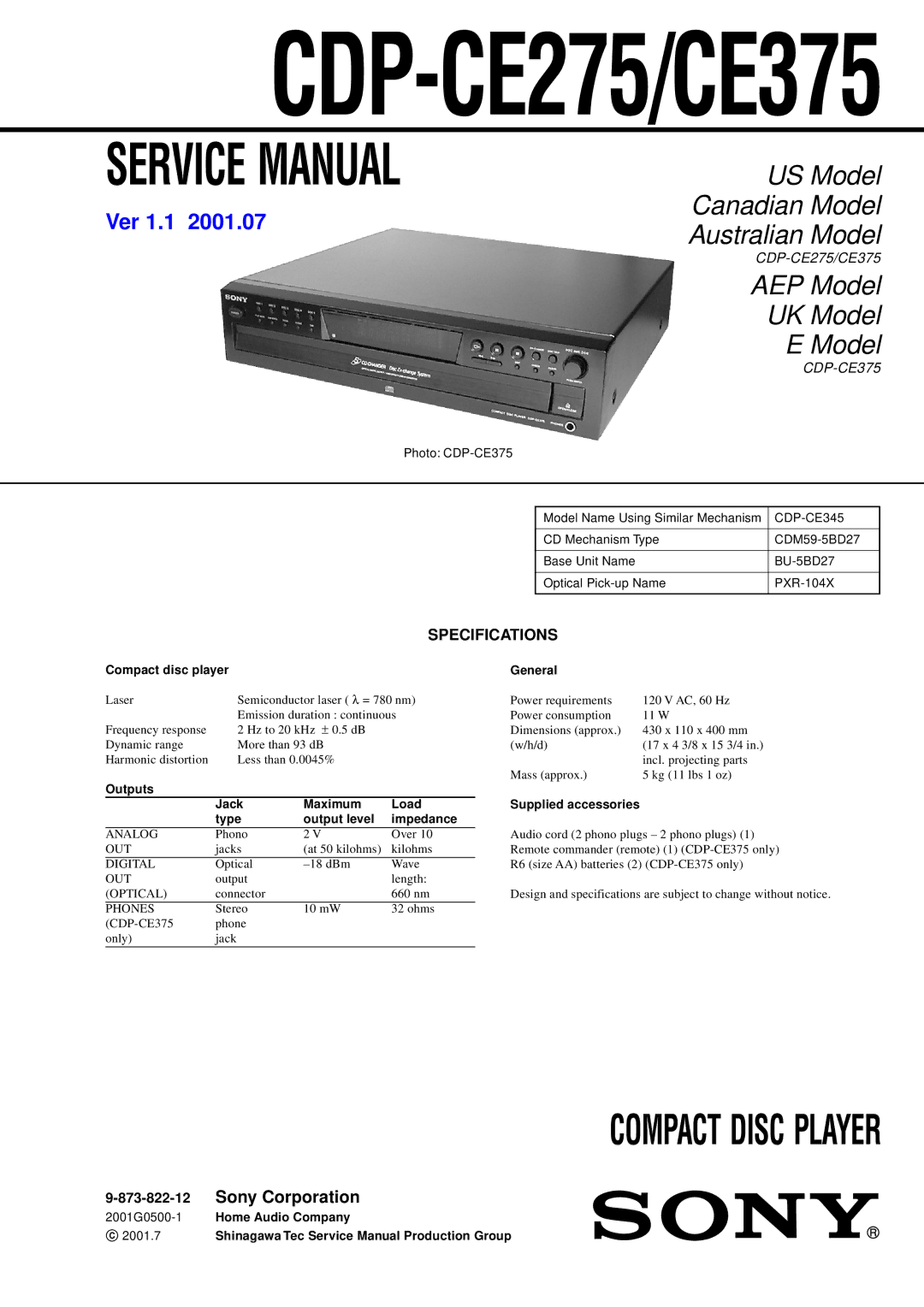 Sony CDP-CE375, CDP-CE275 service manual Specifications, 873-822-12 