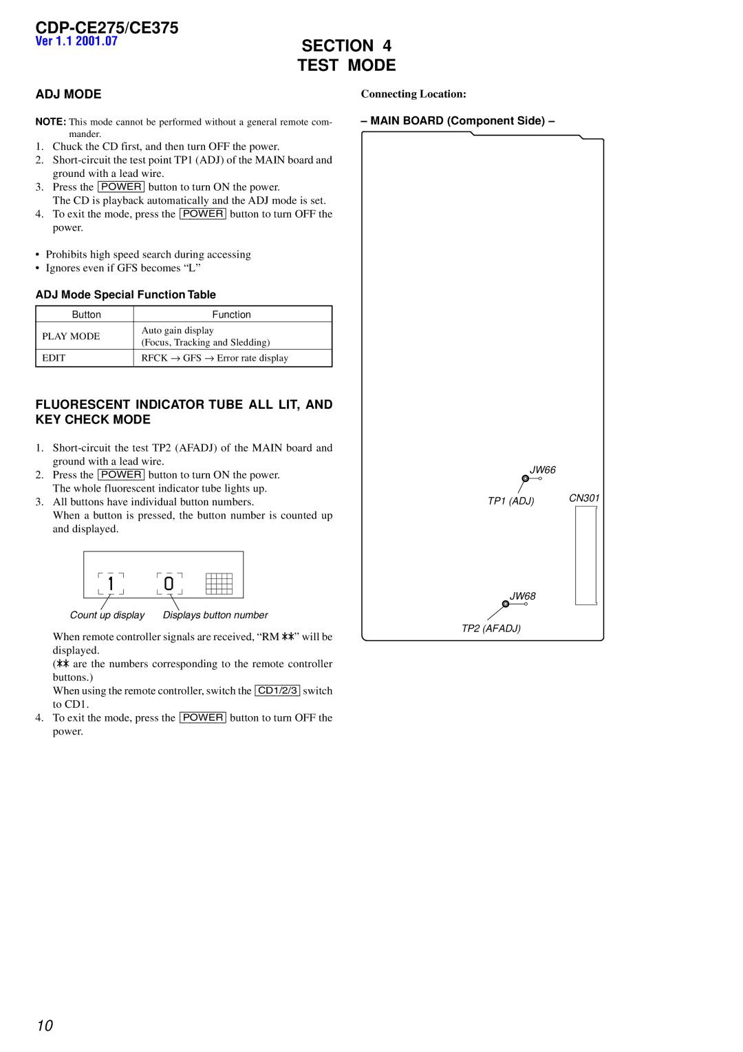 Sony CDP-CE275, CDP-CE375 Section, Test Mode, ADJ Mode, Fluorescent Indicator Tube ALL LIT, and KEY Check Mode 