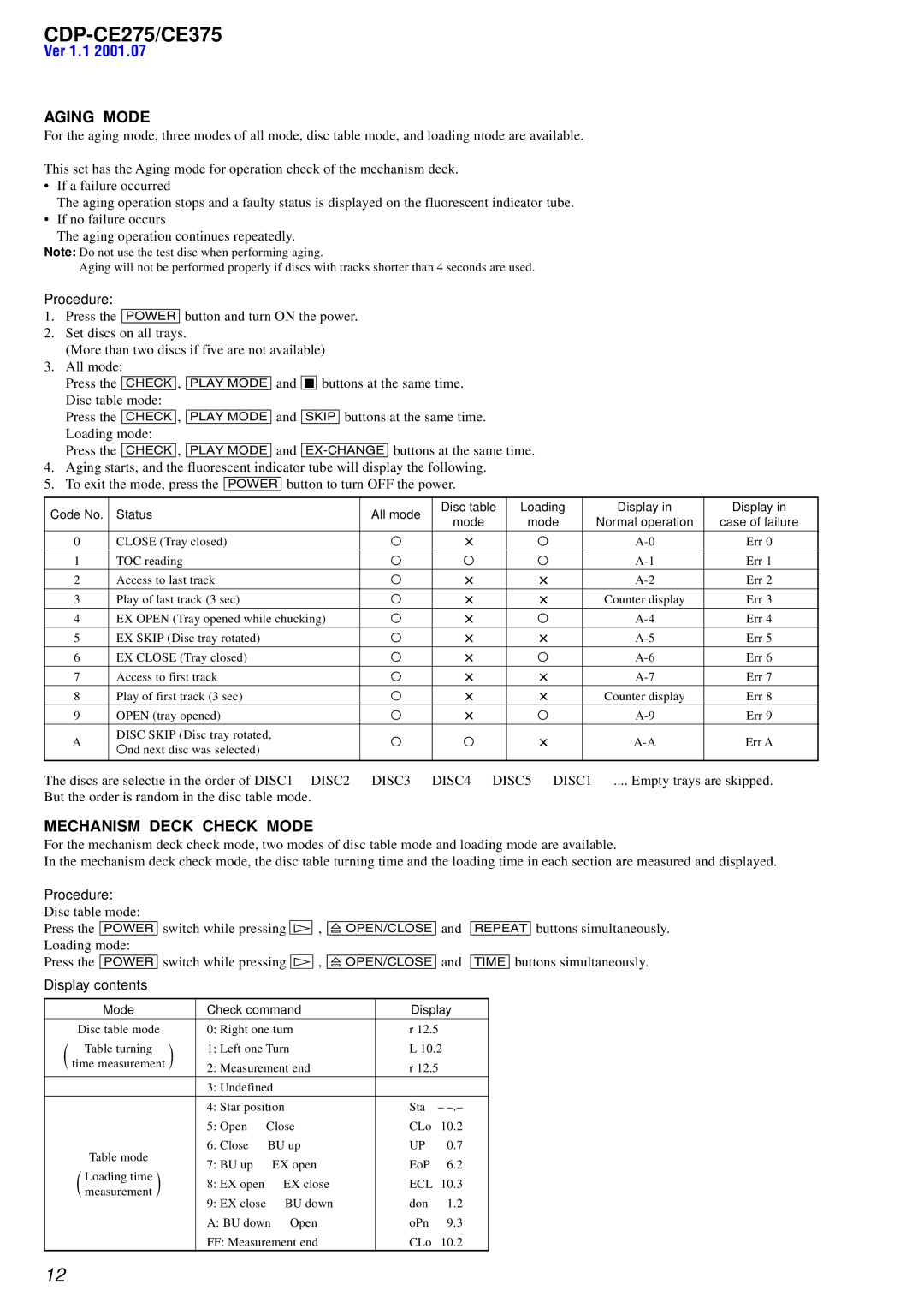 Sony CDP-CE275, CDP-CE375 service manual Aging Mode, Mechanism Deck Check Mode 