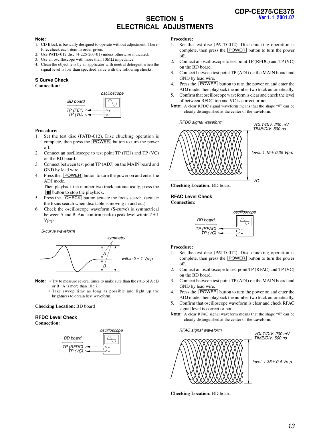 Sony CDP-CE375, CDP-CE275 service manual Electrical Adjustments, Curve Check, Rfdc Level Check, Rfac Level Check 