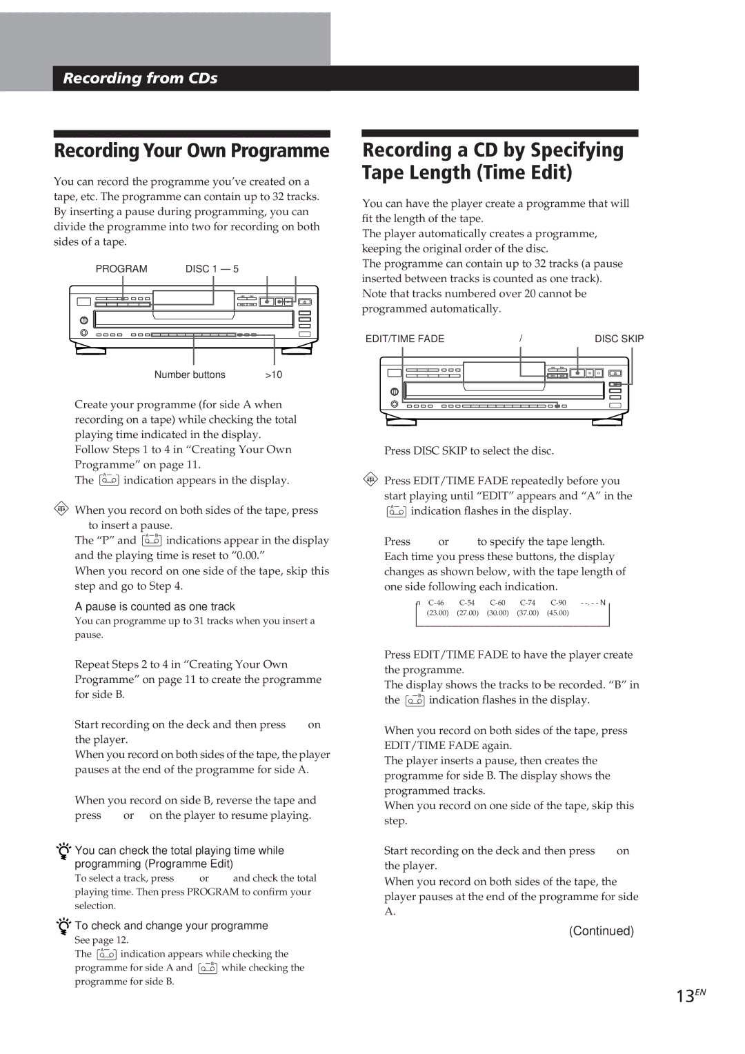 Sony CDP-CE305 Recording Your Own Programme, 13EN, Recording from CDs Recording From CDs, Pause is counted as one track 