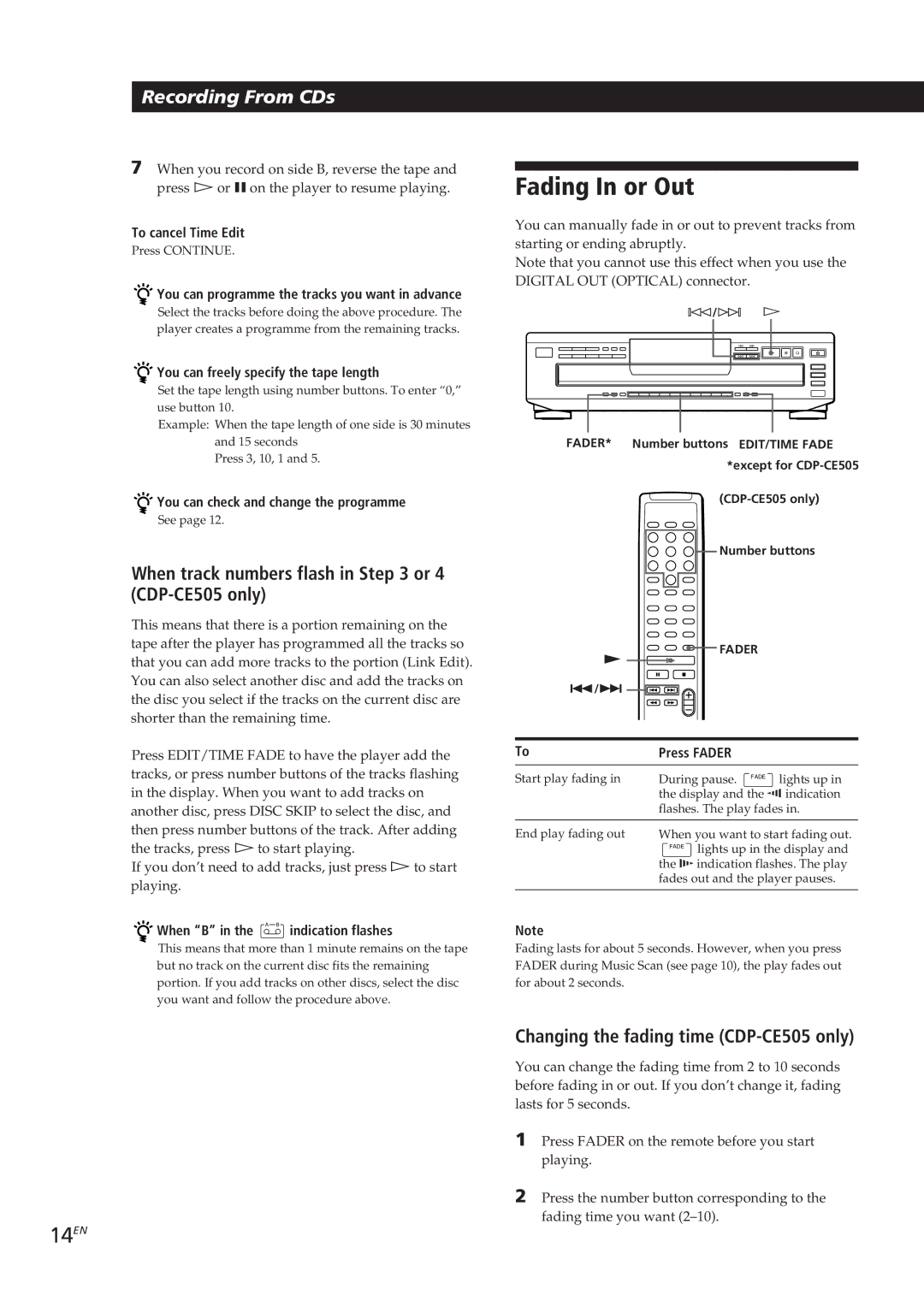 Sony CDP-CE405, CDP-CE305, CDP-C661 manual Fading In or Out, 14EN, When track numbers flash in or 4 CDP-CE505 only 