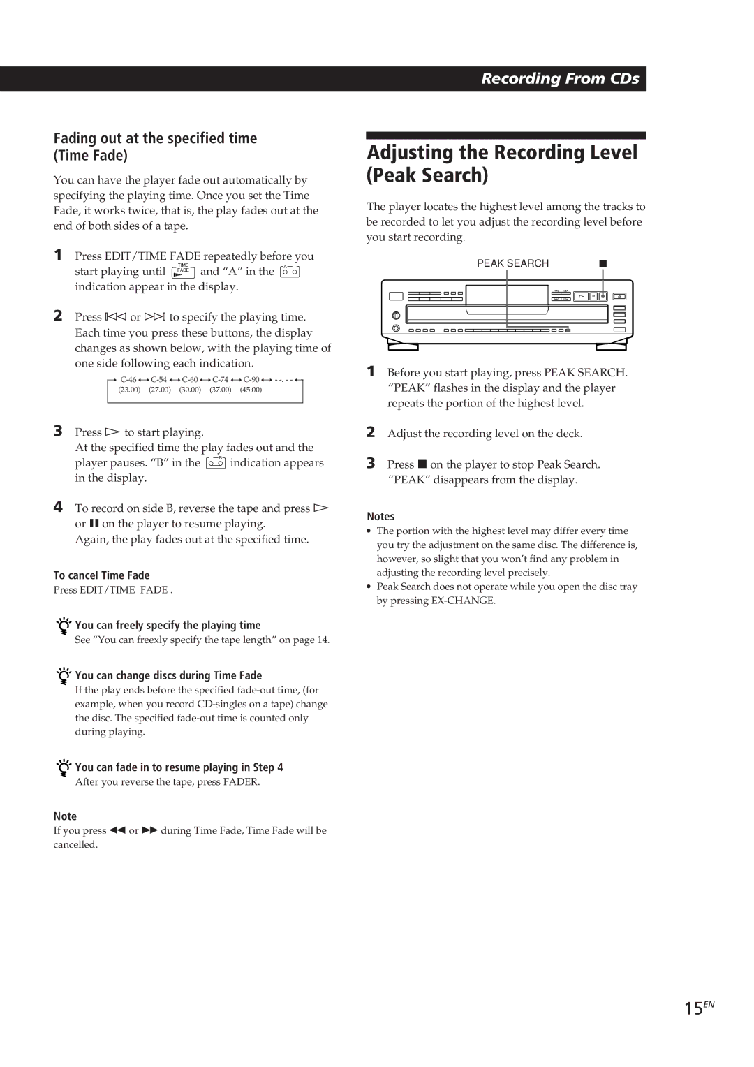 Sony CDP-C661, CDP-CE505 manual Adjusting the Recording Level Peak Search, 15EN, Fading out at the specified time Time Fade 