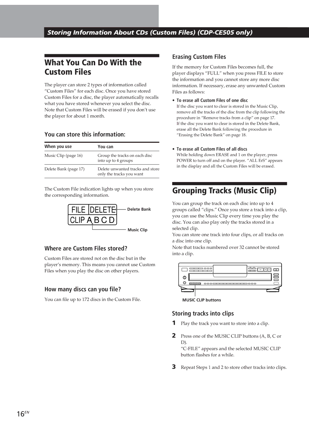 Sony CDP-CE505, CDP-CE305, CDP-CE405, CDP-C661 manual What You Can Do With the Custom Files, Grouping Tracks Music Clip, 16EN 