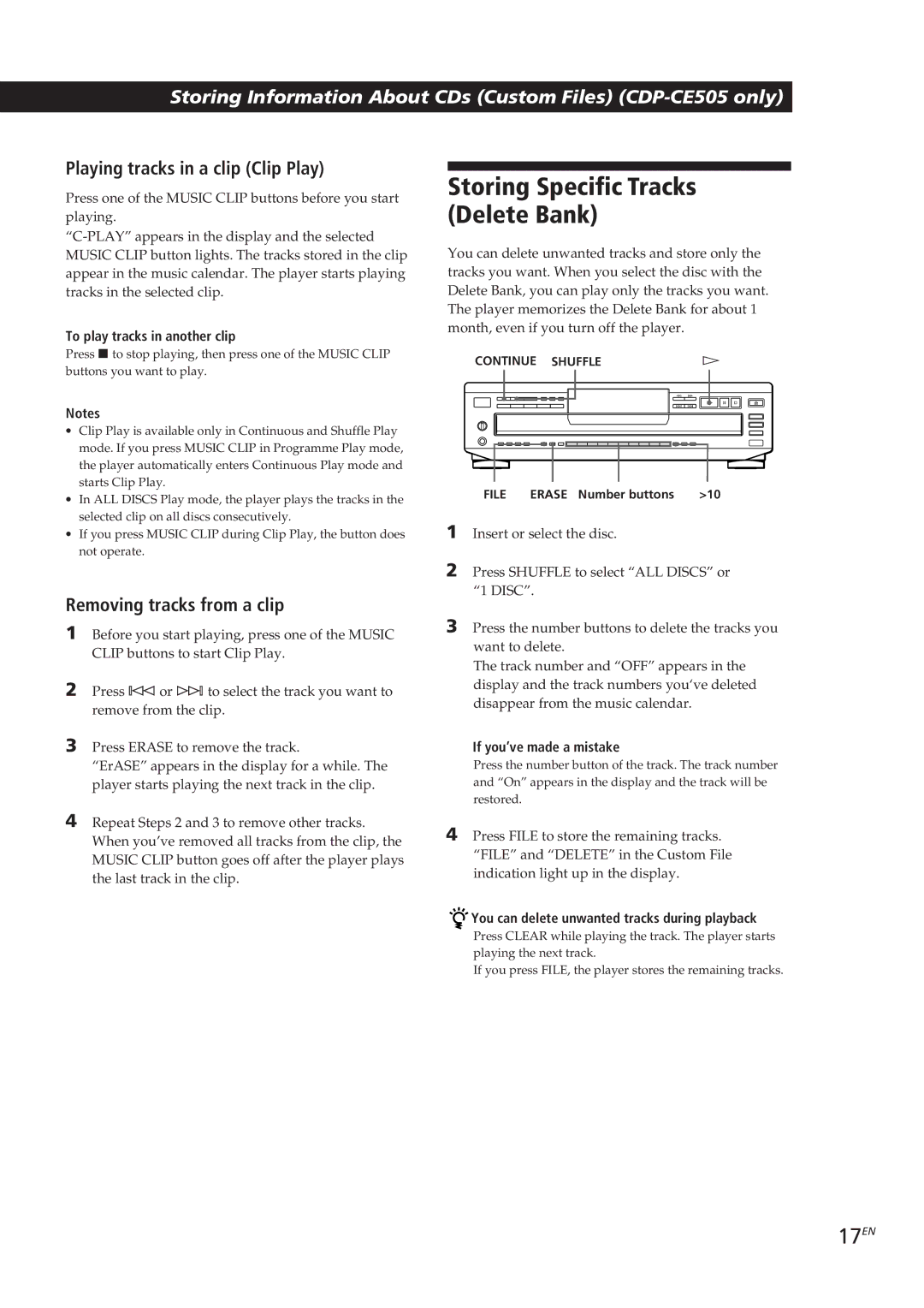 Sony CDP-CE305 Storing Specific Tracks Delete Bank, 17EN, Playing tracks in a clip Clip Play, Removing tracks from a clip 