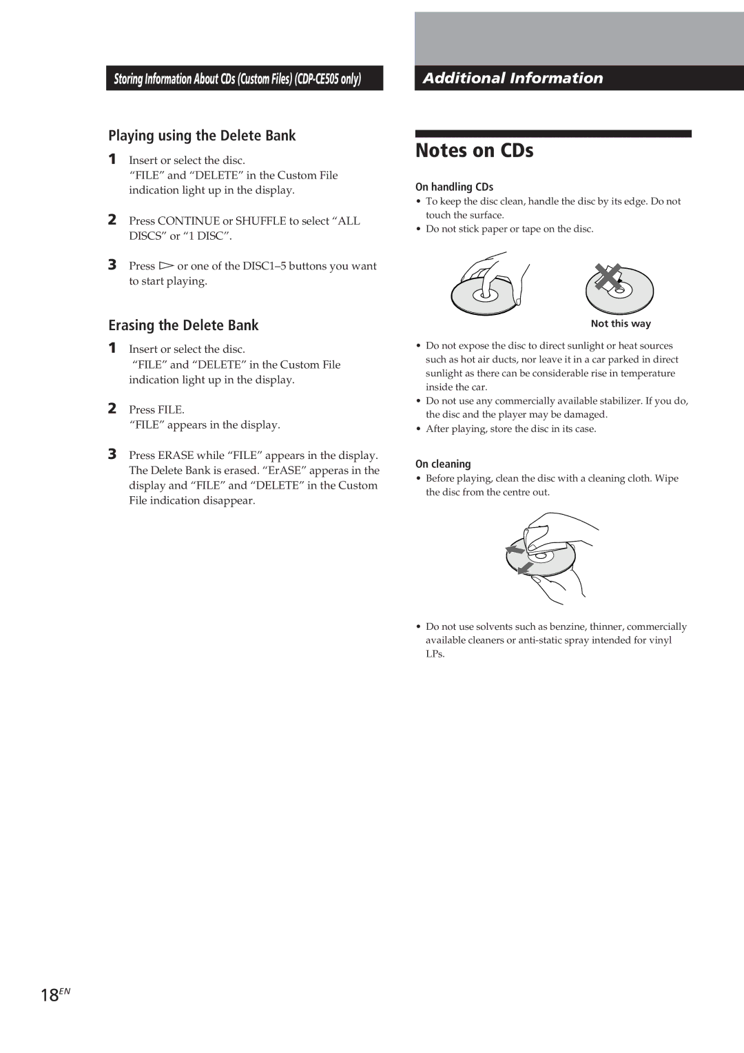 Sony CDP-CE405 manual 18EN, Additional Information, Playing using the Delete Bank, Erasing the Delete Bank, On handling CDs 