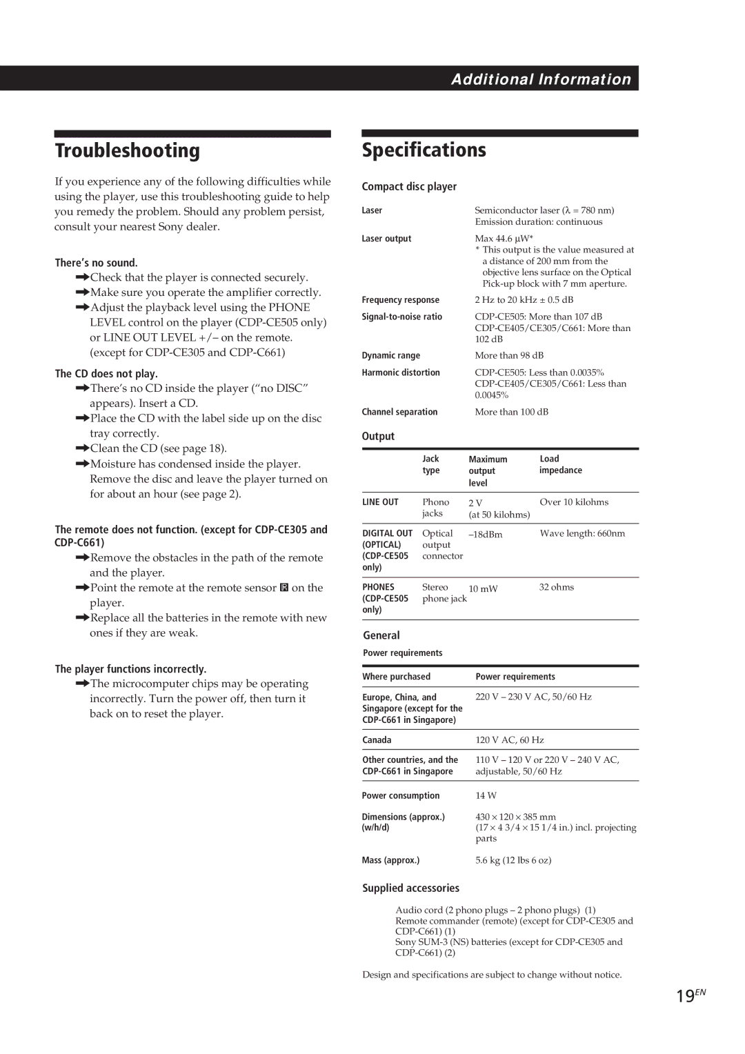 Sony CDP-C661, CDP-CE505, CDP-CE305, CDP-CE405 manual Troubleshooting, Specifications, 19EN 