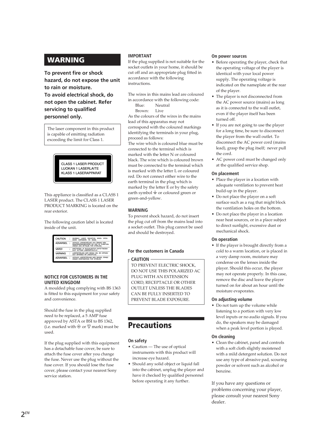 Sony CDP-CE405, CDP-CE505, CDP-CE305, CDP-C661 manual Precautions 