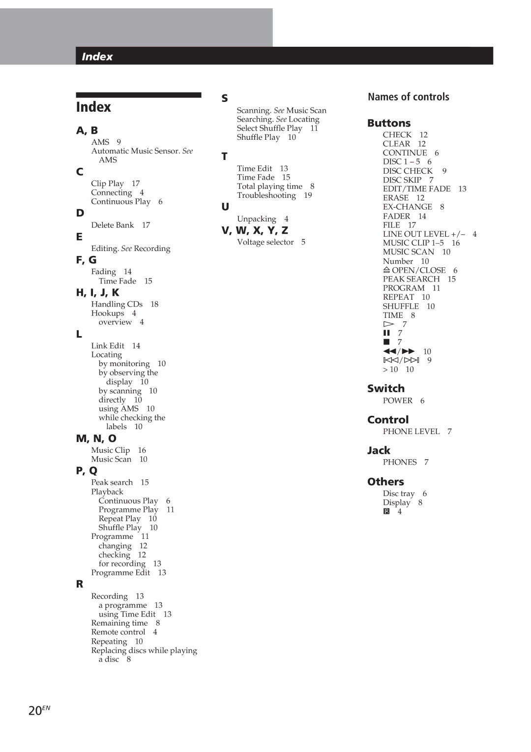 Sony CDP-CE505, CDP-CE305, CDP-CE405, CDP-C661 manual Index, 20EN 