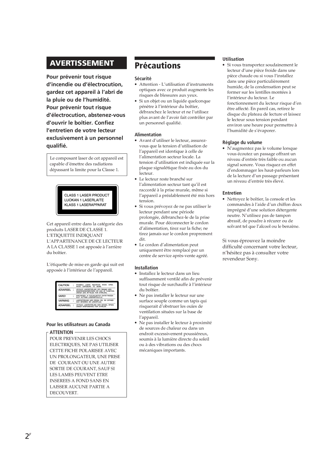 Sony CDP-CE305, CDP-CE505, CDP-CE405, CDP-C661 manual Précautions 