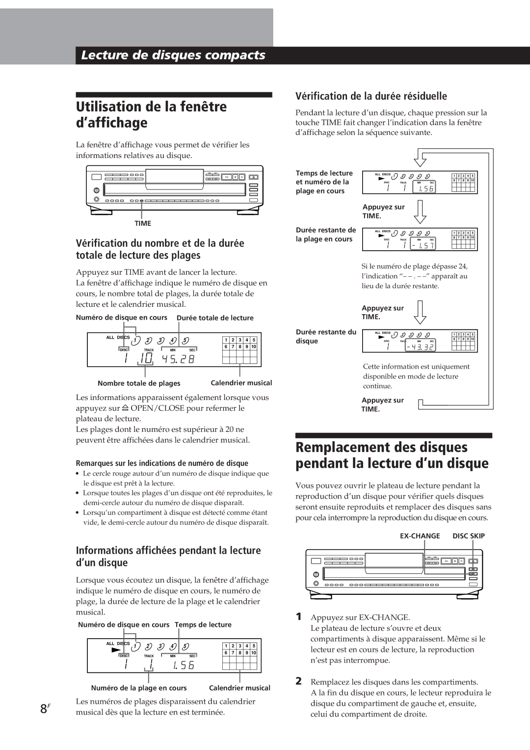 Sony CDP-C661, CDP-CE505 Utilisation de la fenêtre d’affichage, Remplacement des disques pendant la lecture d’un disque 